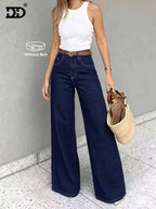 DD Women'S 2026 New Stretch Slim-Fit Jeans, Retro Washed Blue Denim Trousers with Pockets, A-Line Silhouette Jeans, Street Style Women'S Clothing, Mid-Rise Slight Flare Relaxed Boyfriend Pants, Comfortable Trousers for Work And Travel - Deep Blue