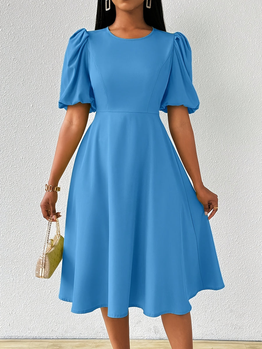 Solid Color Princess Sleeve Dress with Round Neck, Short Sleeves, and Waist Cinching, Suitable for Vacations, Ceremonies, Garden Parties, Graduation Season, Concerts, Weddings, and as a Bridesmaid Dress for Women - Deep Sky Blue
