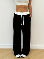 Women's Sport Studio Casual Loose-Fit Color-Block Drawstring Wide-Leg Yoga Pants - Black