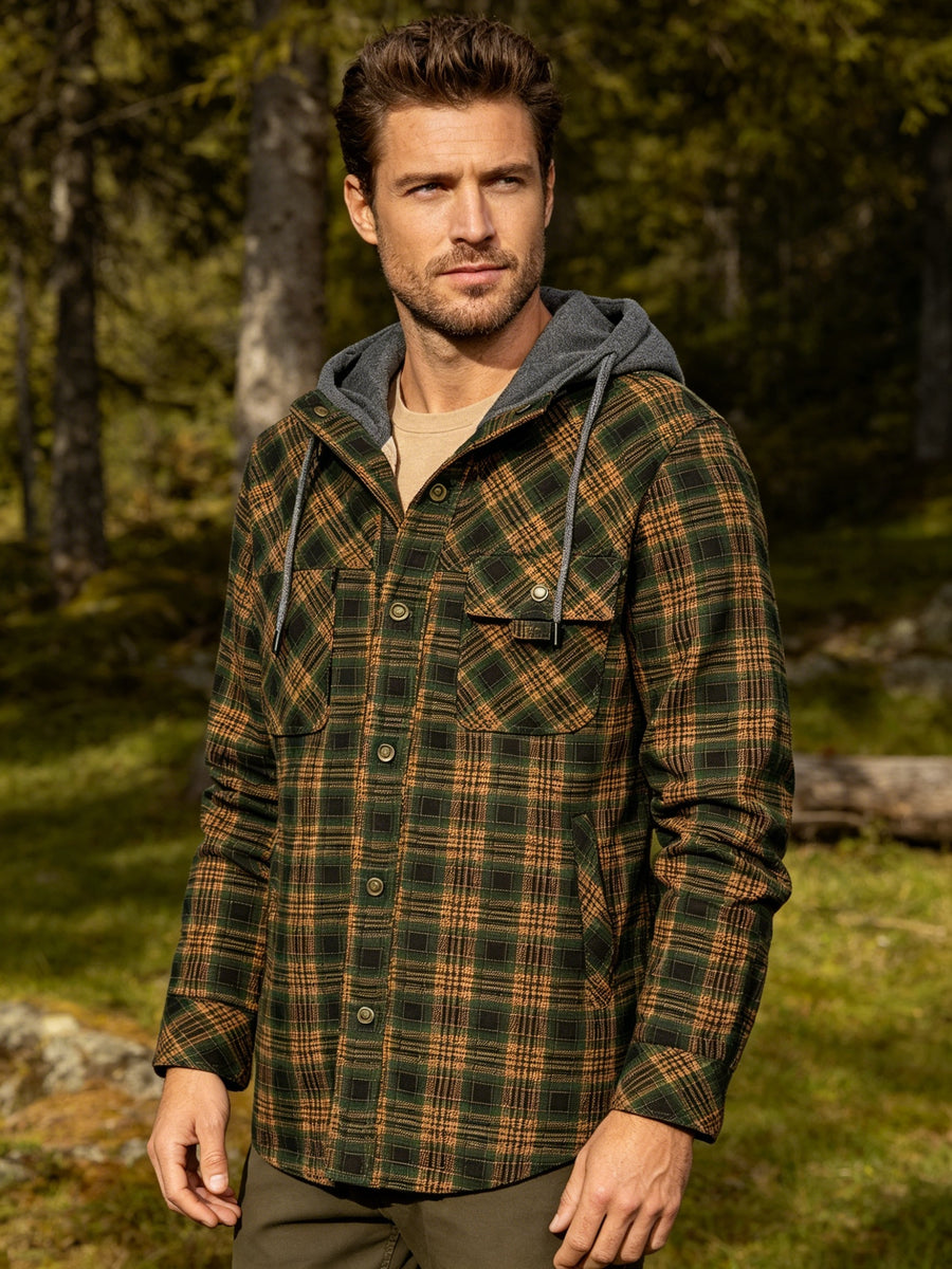 Men's Casual Hooded Two-Tone Plaid Jacket in US Sizes - fern green