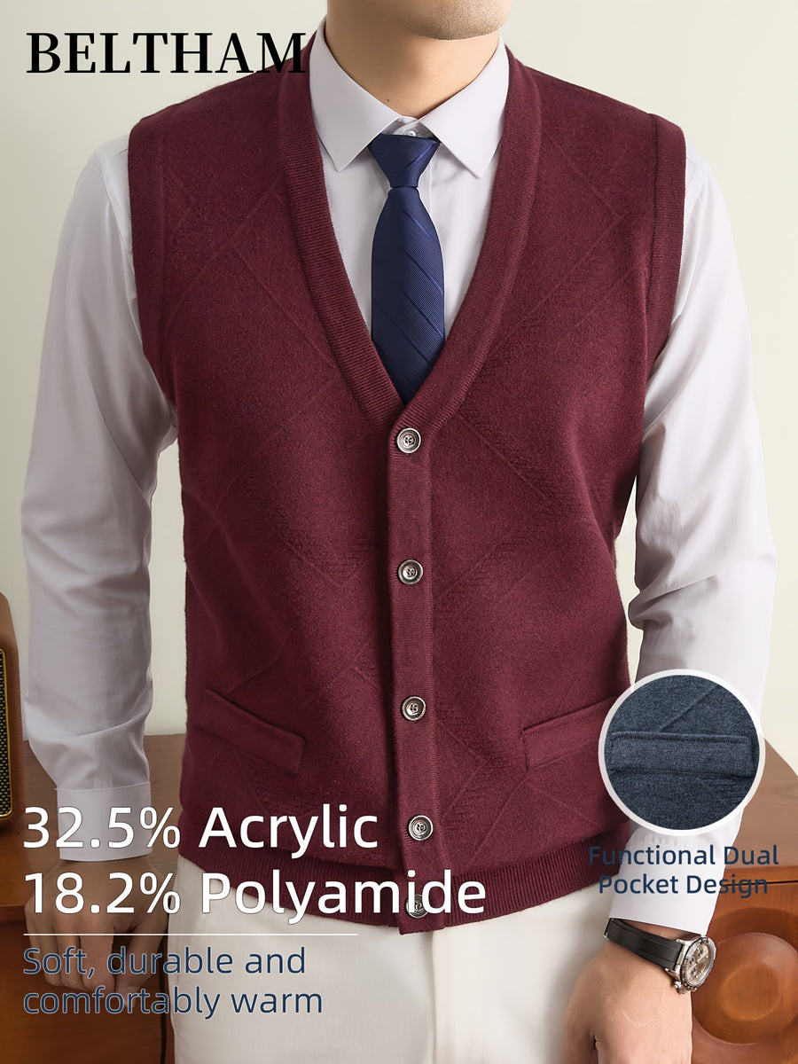 New Autumn Winter Men'S Knit Vest, Ideal Gift for Dad And Husband, with Pockets Warm Cold Resistant Soft Cozy Sweater Waistcoat, Minimalist Elegant Versatile Sleeveless Top for Daily Business Casual Camping Wear - Burgundy