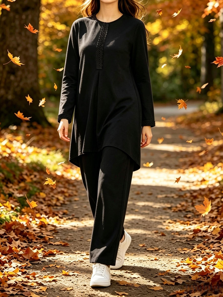 Ramadan Elegant Ladies Set Abaya Dress And Pants Solid Color Round Neck Embroidered Chest And Sleeve Applique Top Elastic Waist Long Pants Commute Casual Two-Piece Set - Black