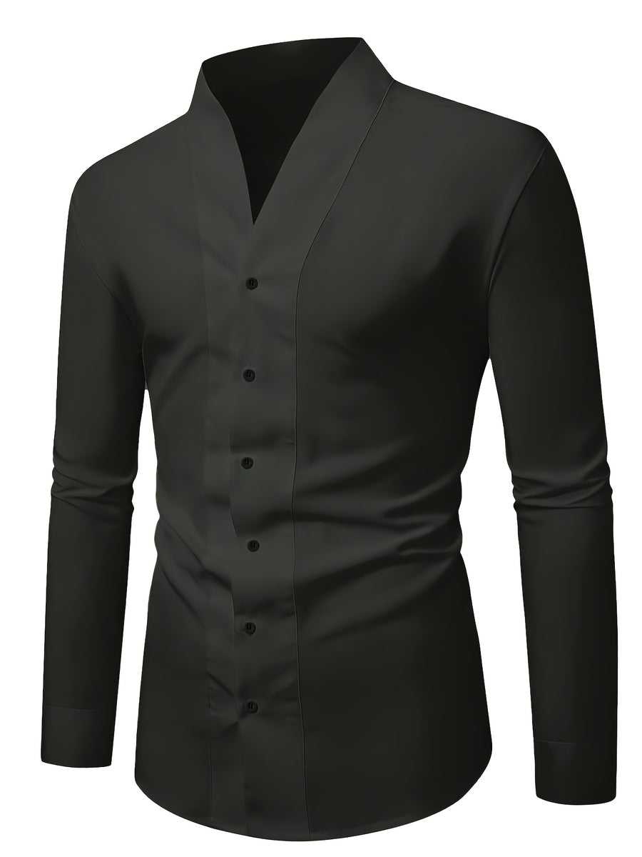 Men'S Solid Color V-Neck Shirt Casual Business Formal Shirt Slim Fit Long-Sleeved Social Party Shirt, Soft And Skin-Friendly Fabric, Suitable for Wearing in All 4 Seasons, Autumn, Stretchy, Office, Button - Dark Gray