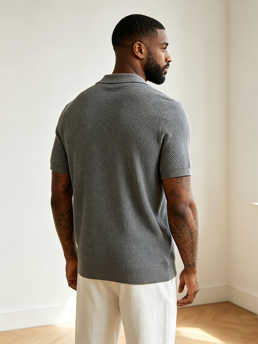 Men'S Premium Textured Knit Polo Shirt, Lapel Half-Button Design, 3D Texture Breathable And Skin-Friendly, Summer Non-Stuffy, Urban Minimalist Style for Multi-Scenarios, Body-Enhancing And Athletic Look, Light Luxury Item for Upgrading Wardrobe - Grey