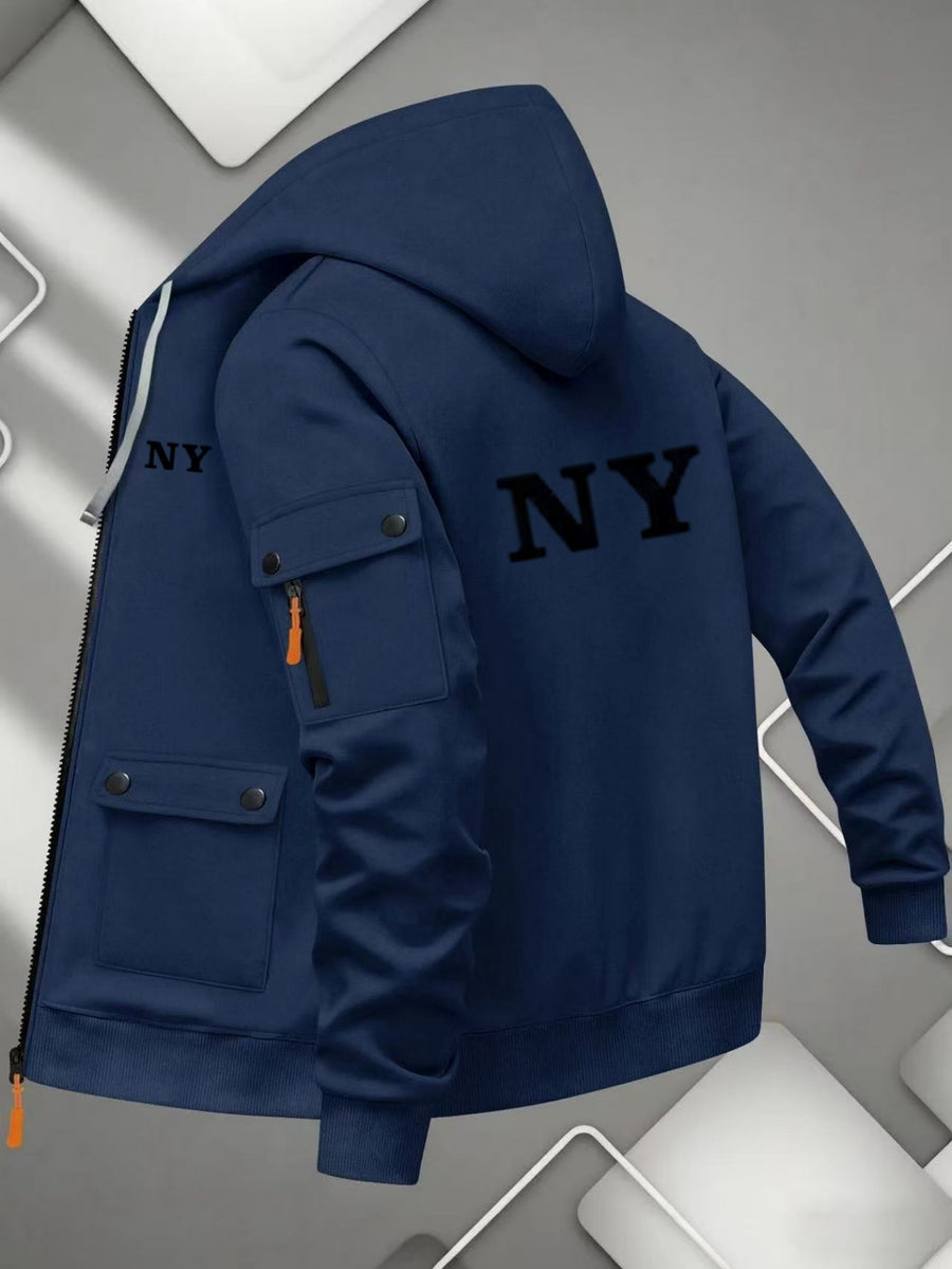 Men'S Basic NY Uppercase Letter Print Cargo Hooded Zipper Cardigan Casual Jacket - Navy Color