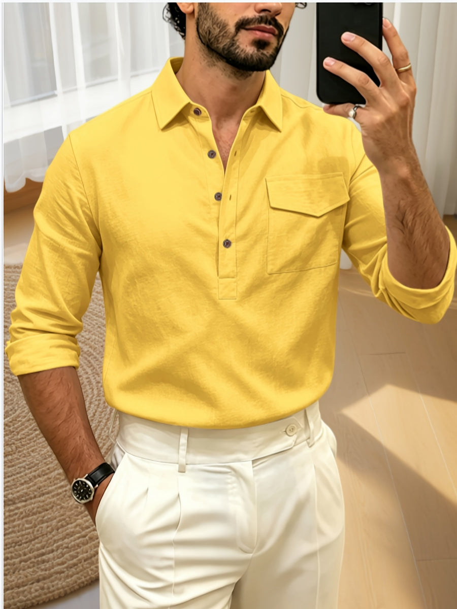 Autumn Men's Polo Shirt, Half-Button Henry Collar Long Sleeve Top with Simple Chest Pocket, Suitable for Business, Office, and Daily Wear - Yellow