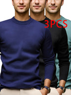 3pcs Men'S Round Neck Sweater Autumn Winter Knitwear Multi-Pc Solid Color Pullover Base Layer Sweater - Navy Blue + Black + Military Blue
