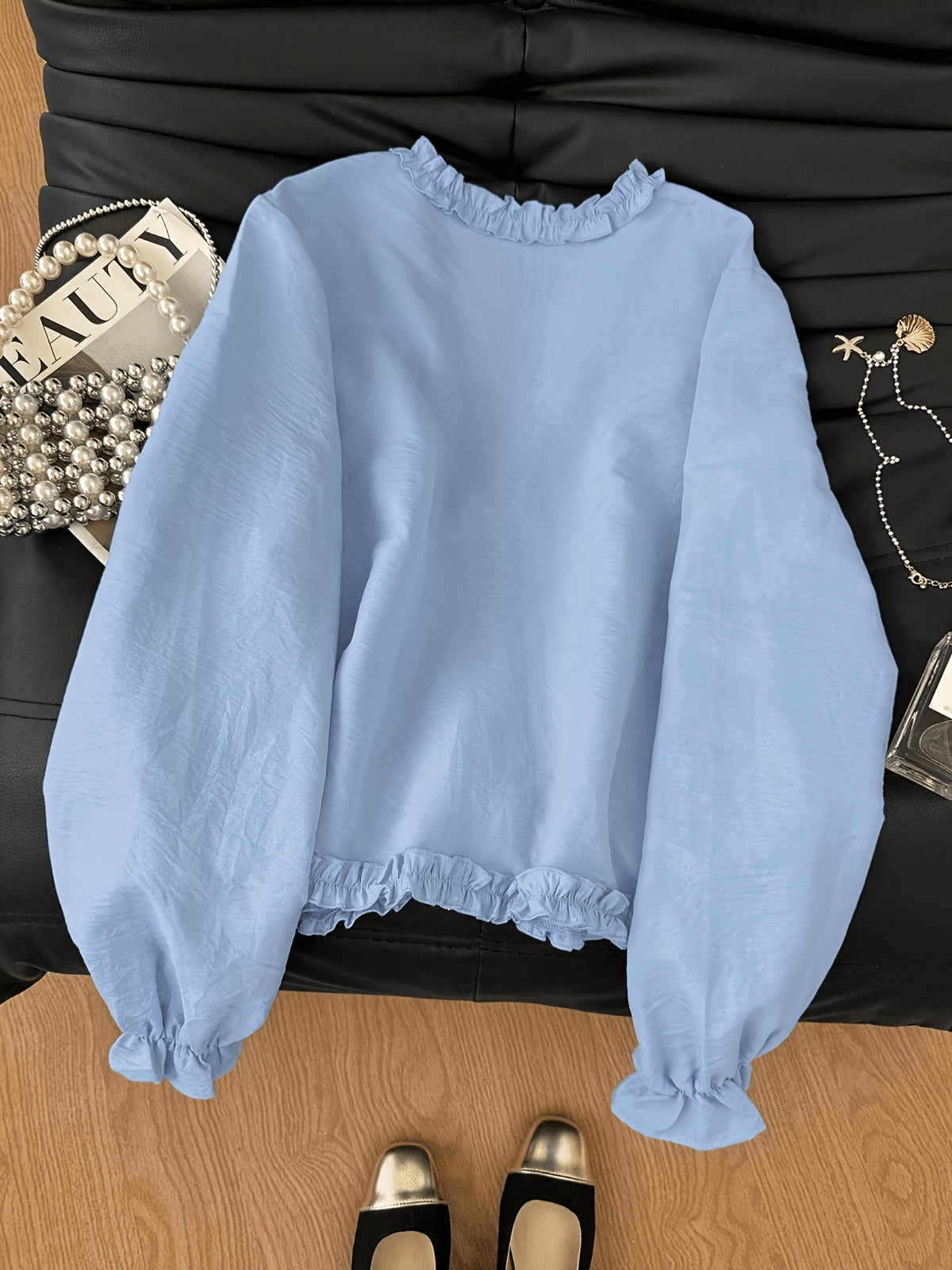 Elegant Solid Color Lace-Up Top - Light Blue