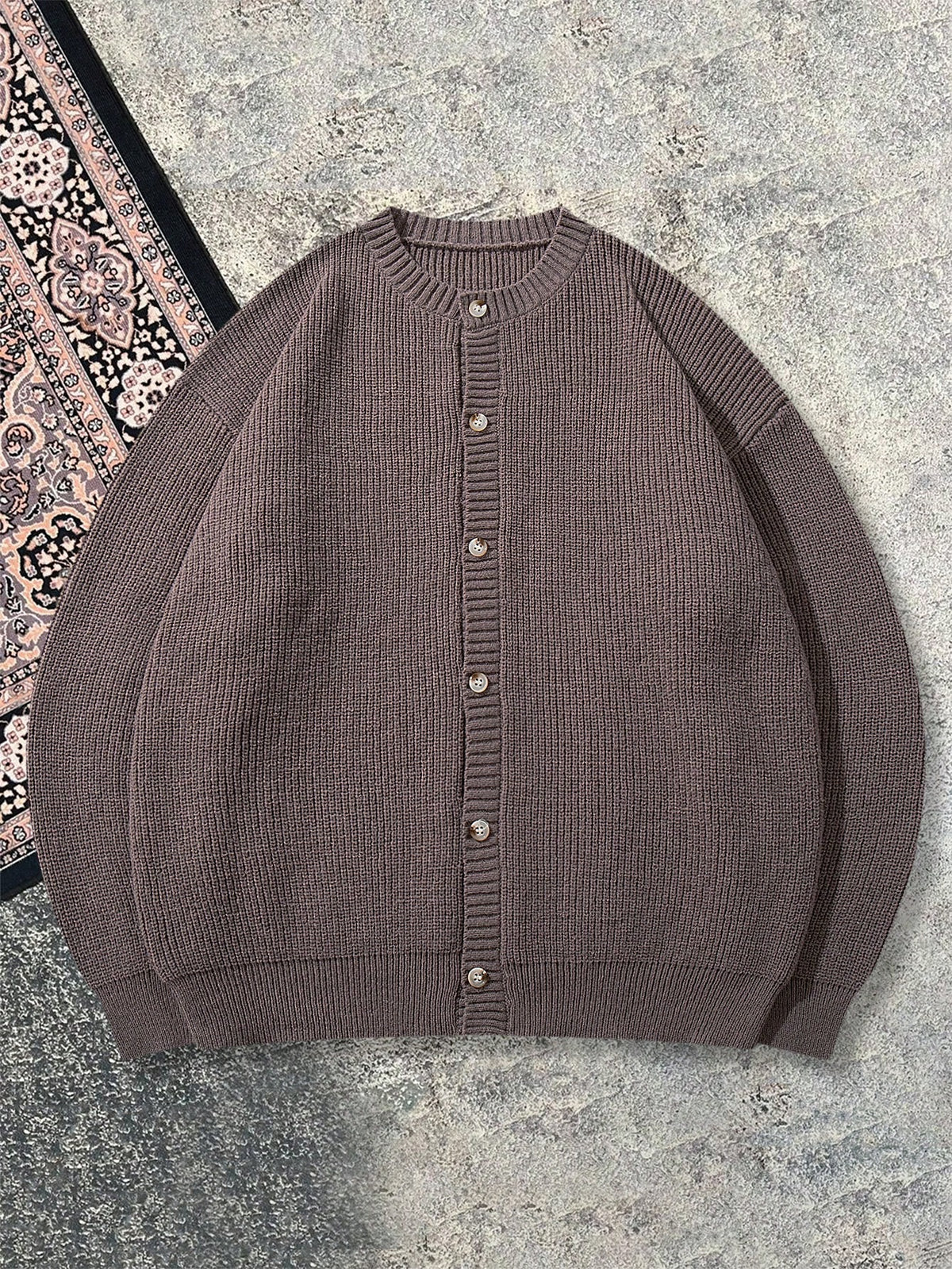 Autumn Winter 26 New Solid Color Round Neck Retro Thick Texture Sense Cardigan Unisex Outerwear Long Sleeve Sweater Khaki Short Length Open Front Jacket - Khaki