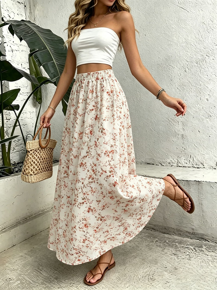 Women'S Skirt, Fashionable Elegant Casual Women'S High-Waist A-Line Long Skirt, Fresh Beige Floral Print Design, Non-Stretch Lightweight Breathable Fabric, Comfortable Skin-Friendly, High-Waist Design, 3-Layer Construction, Suitable for Vacation - Mixed colors