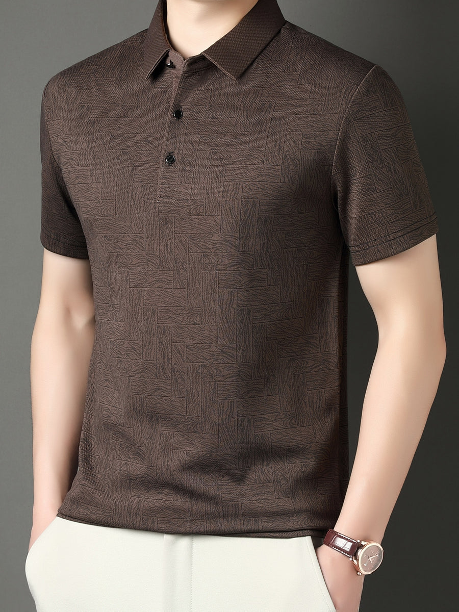 New Summer Men's Geometric Mahjong Tile Short-Sleeve Shirt, Men's Business Casual Fashion Lapel Pullover Executive Top - Khaki