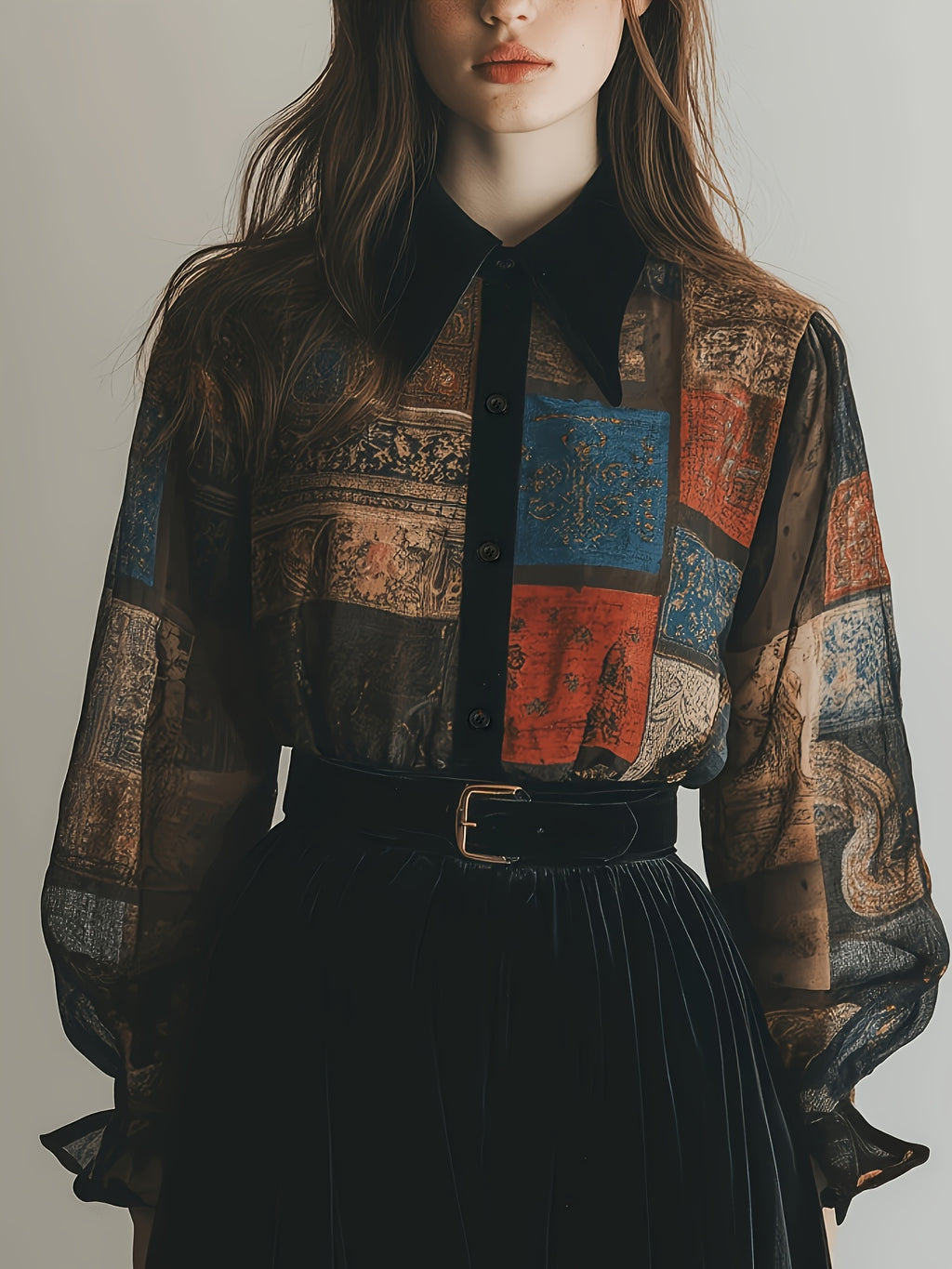 2026 New Bohemian Patchwork Chiffon Shirt, Vintage Print Sheer Blouse, Black Collar Patchwork Chiffon Top, Y2K Vintage Ruffle Sleeve Shirt, Sexy Sheer Patchwork Chiffon Shirt for Date Night, Vintage Chiffon Shirt, Daily Casual Sheer Top - Multicolor