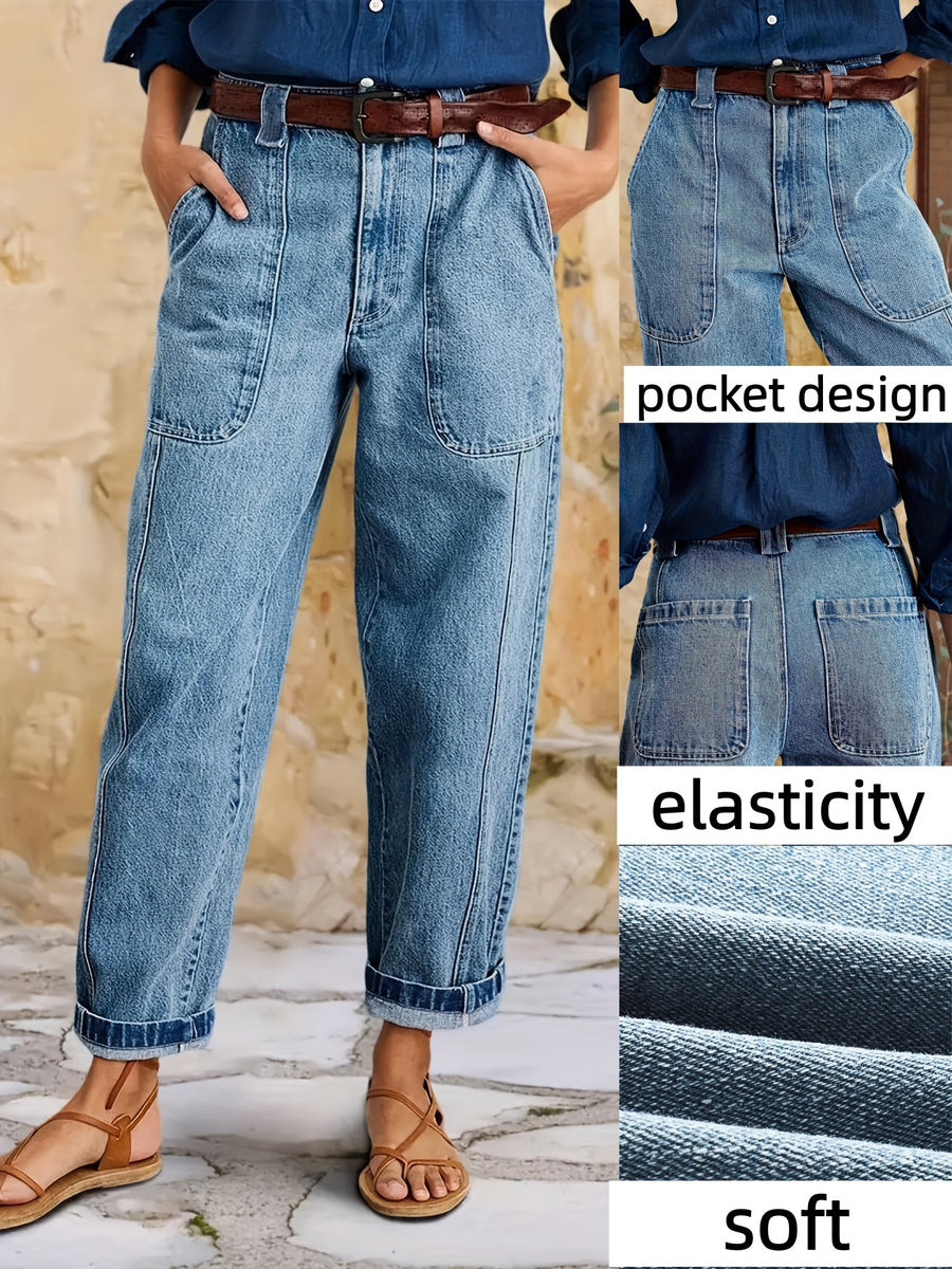 Women's Straight-Leg Stretch Pants - Beltless Washed Casual Jeans with Straight Leg Opening, Mid-Stretch Fit, Machine Washable - Wear (No Belt Included) | Elegant Special Line for Everyday & -Casual Outfits - Blue