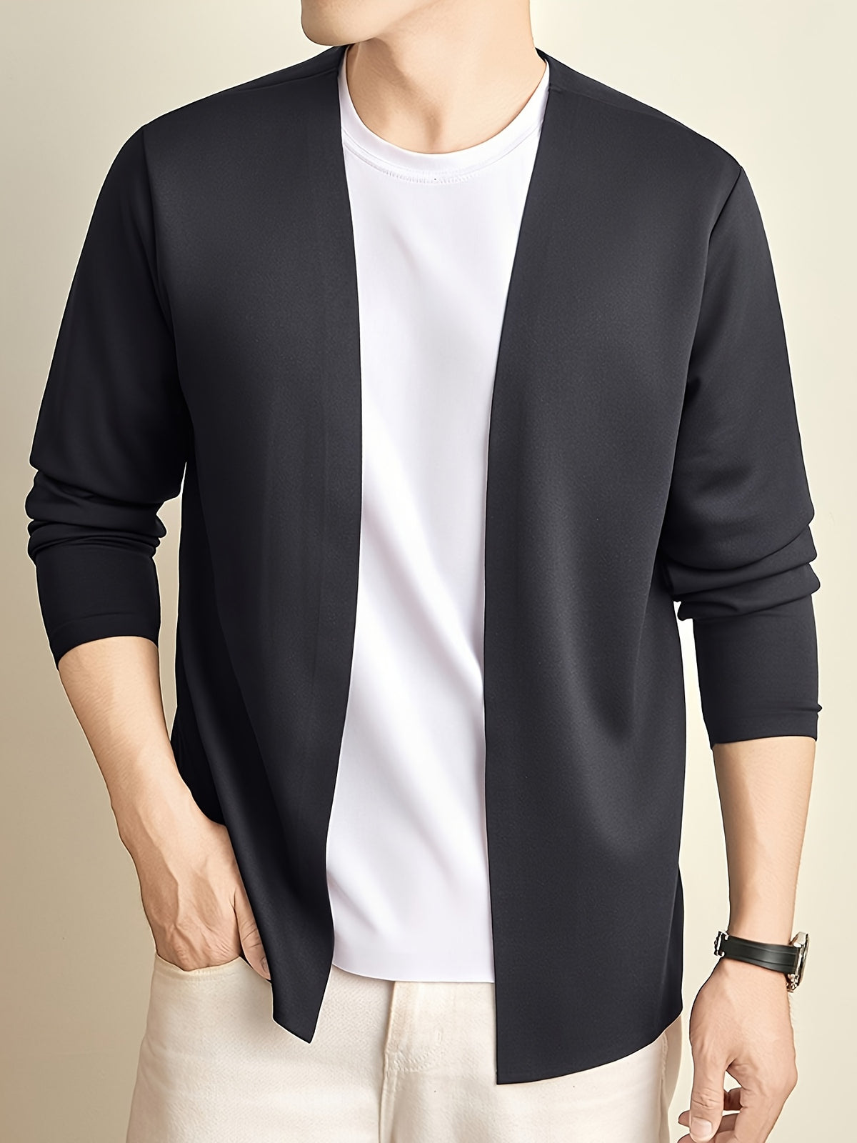 Men's Open Front Cardigan Long Sleeve V Neck Lightweight Solid Color Outerwear Casual Business Layering Jacket for Daily Wear - Grey