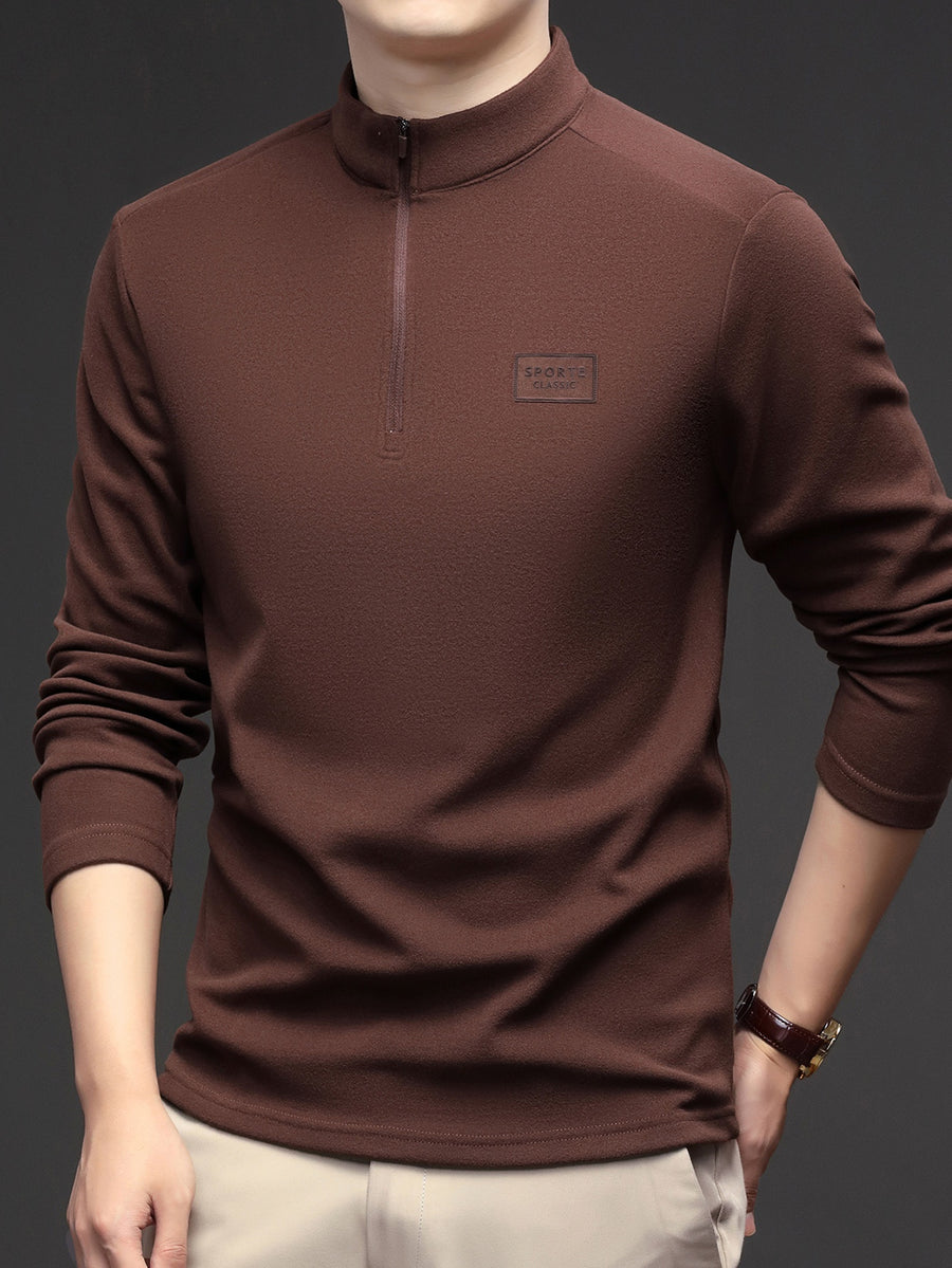 Men'S 1/4 Zip Long Sleeve Sweatshirt, Spring/Autumn Business Casual Golf Top, Half-Zip Collar High Neck Long Sleeve T-Shirt, Soft Comfortable Casual Sportswear, Outdoor Spring/Autumn Warm Clothing, Logo on Chest, Mature Men'S Apparel - COFFEE COLOR