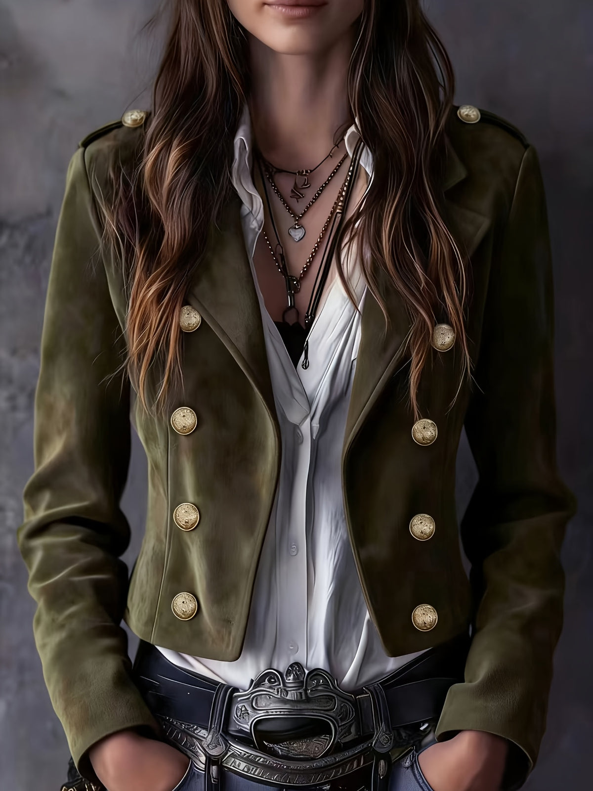 Women's Faux Long-Sleeve Blazer, Vintage-Style Suit Jacket with Golden Button Accents, Casual Short Outerwear - Olive Green