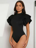 Elegant Exquisite Fashionable Women'S Slim Fit Bodysuit, Semi-High Neck Stand Collar Design, Double-Layer Large Ruffle Cap Sleeve Decoration on Shoulders, Hip-Hugging Triangle Bodysuit Version, Shaping Sexy Hot Style - Black