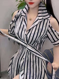 Women'S Summer Long Shirt Dress with Polo Collar, Off-Shoulder, Striped Print, Button Tie, A-Line Style for Commuting - Mixed colors