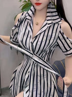Women'S Summer Long Shirt Dress with Polo Collar, Off-Shoulder, Striped Print, Button Tie, A-Line Style for Commuting - Mixed colors