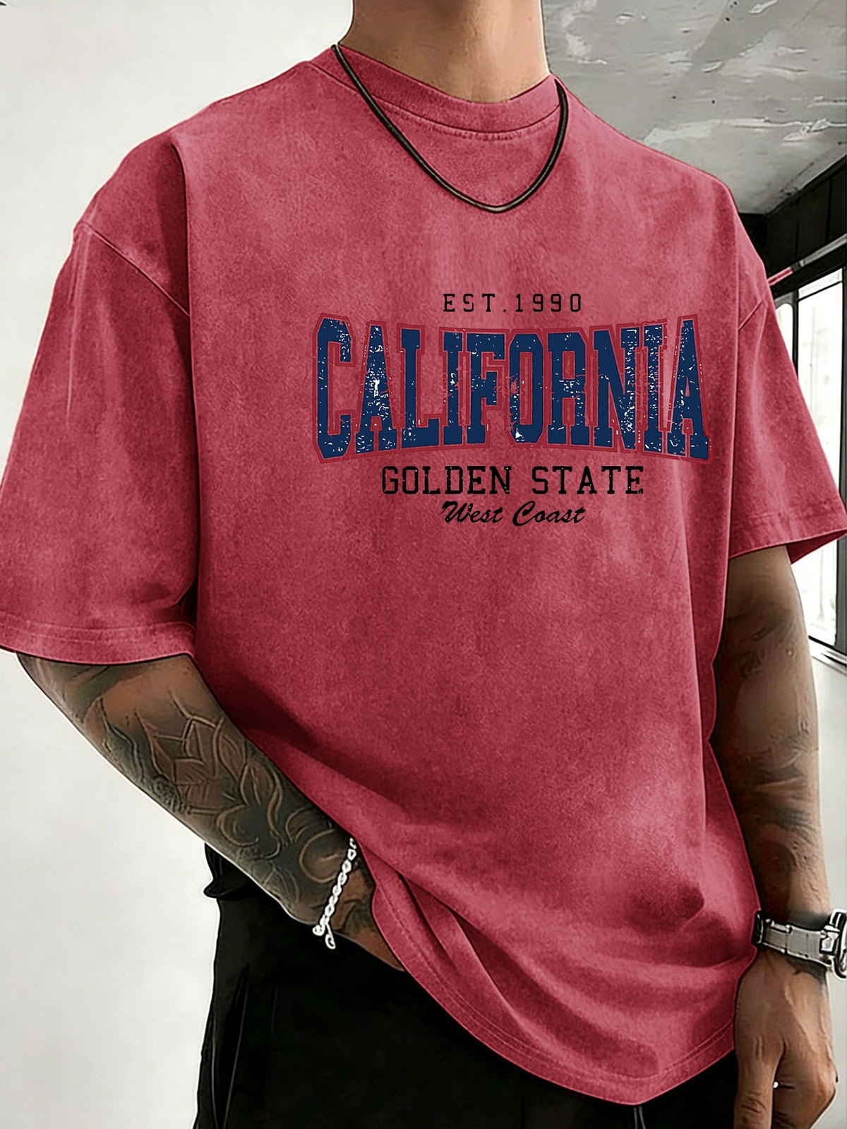 Midsummer Festival Holiday Style Unisex T-Shirt, Pure Cotton Washed Distressed, Double-Sided Print, Breathable and Sweat-Absorbent, Loose Fit for Outdoor Hiking, Sports, Trendy Casual Short Sleeve - Red