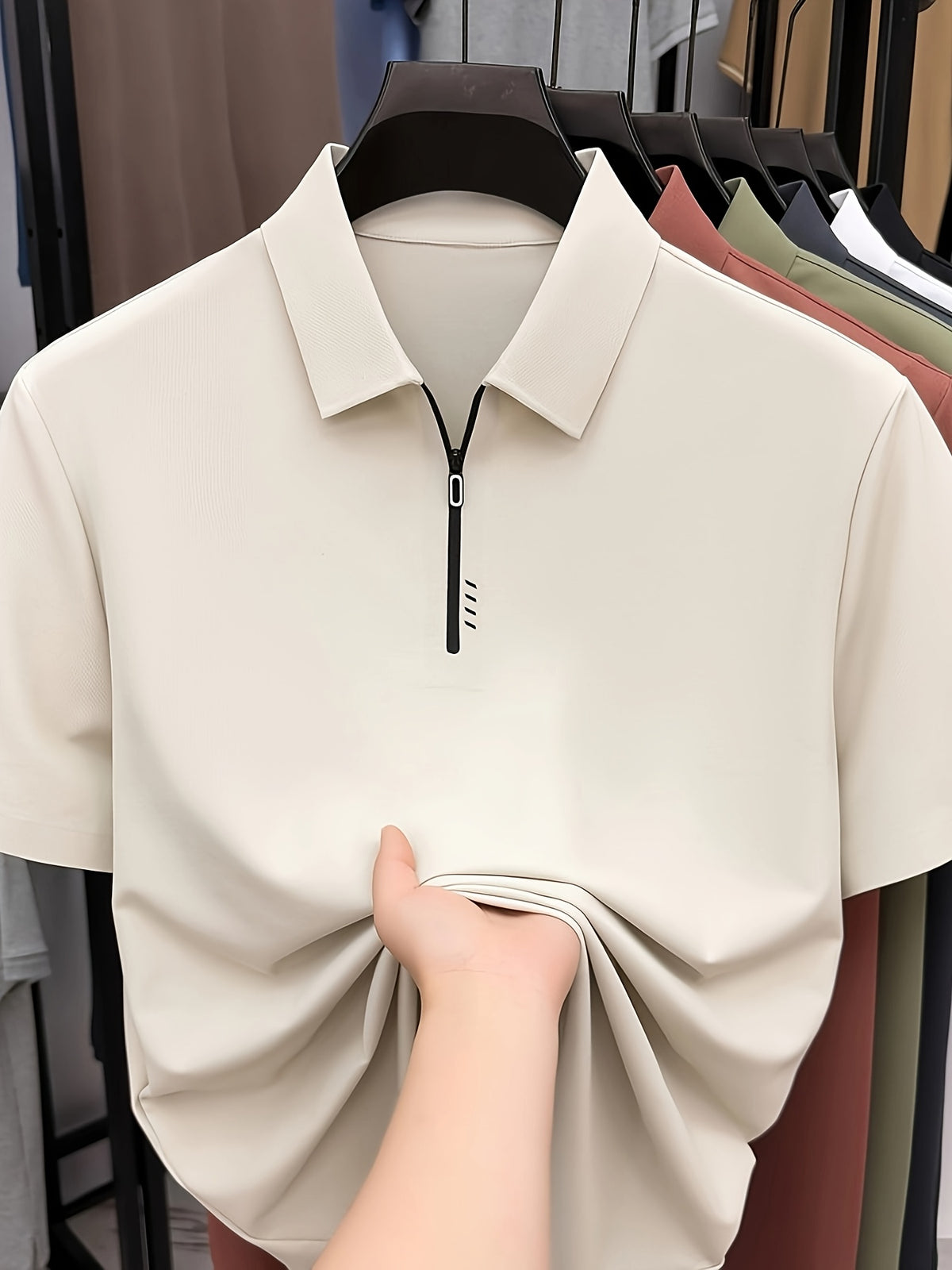 Summer Men'S Polo Shirt, Fashionable Versatile Seamless Zipper Short Sleeve Top, Business Casual Breathable Men'S Short Sleeve T-Shirt, Suitable for Daily Work Scenarios, Father'S Day Gift - Apricot