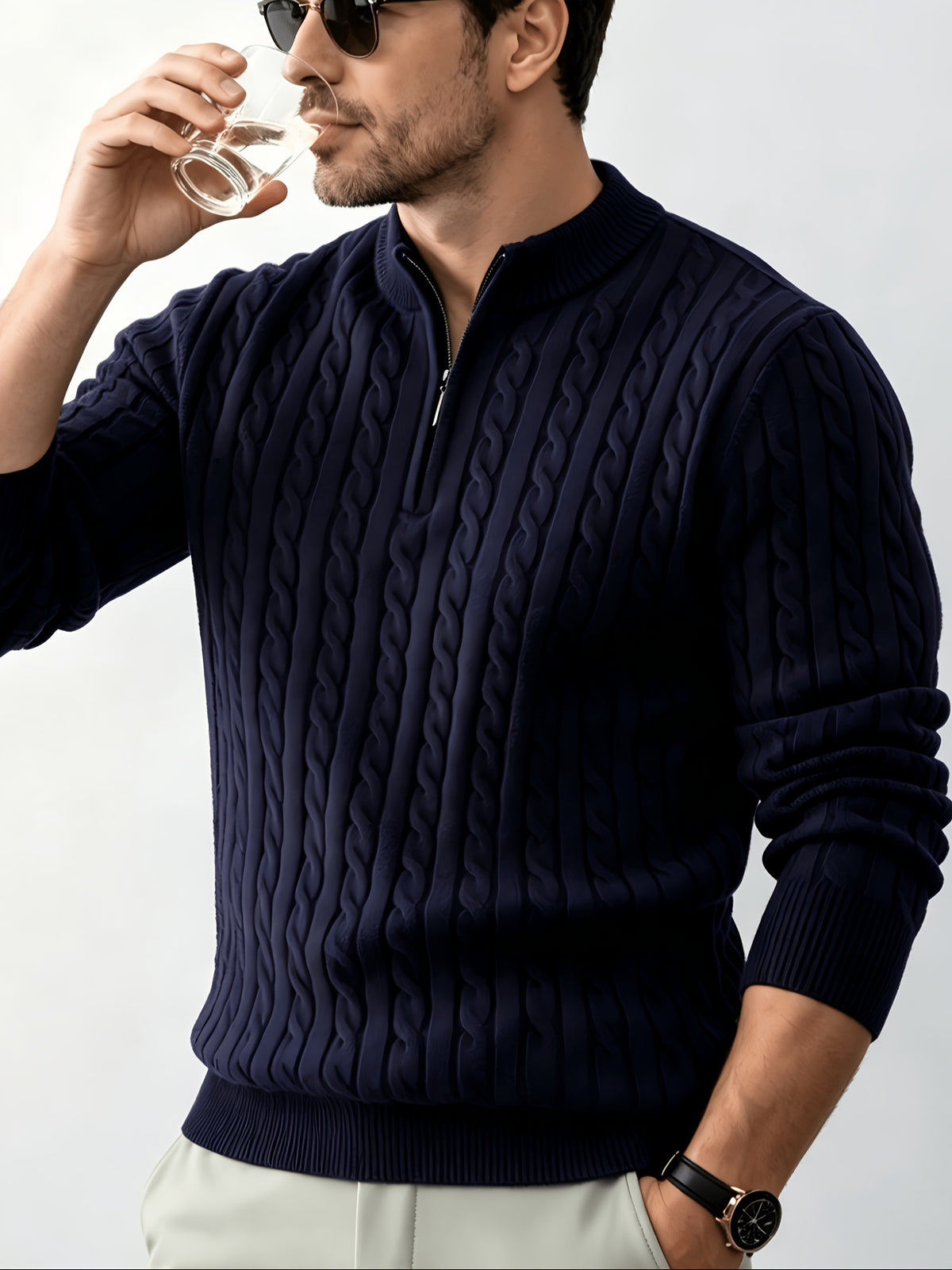 New Spring/Autumn Men's Half-Zip Stand Collar Cable Knit Long-Sleeve Sweater. The Stand Collar and Half-zip Design with Three-dimensional Cable Knitting Make It Suitable for Daily Commutes, Light Business Meetings, and Casual Gatherings - Navy Color