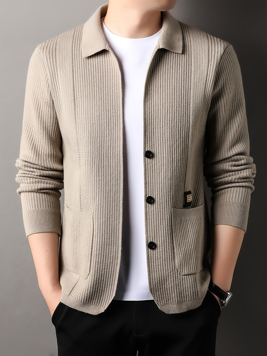 Du Jing Lan OBM Spring/Autumn New Arrival Men's Knit Cardigan, Old Money Style Solid Color Striped Single-Breasted Open Front Lapel Knit Cardigan, Men's Business Casual Fashion Single-Breasted Open Front Knit Cardigan Top, Suitable for Spring - Khaki 1