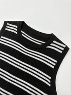Summer New Men'S Knit Casual Loose Pullover Shirt, Casual Vacation Style Easy Classic Striped Round Neck Sleeveless Vest, Suitable for School, Work, Commuting, Travel, Vacation, Street Wear - Black