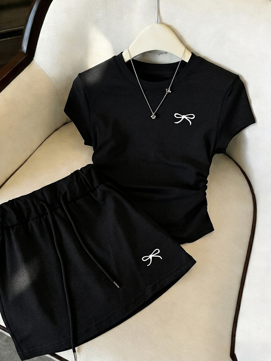 New Summer Bowknot Casual 2pcs Set for Women, Slim-Fit Short Sleeve T-Shirt + Drawstring Mini Skirt, Sweet and Spicy Style, and Versatile Swear Set - Black