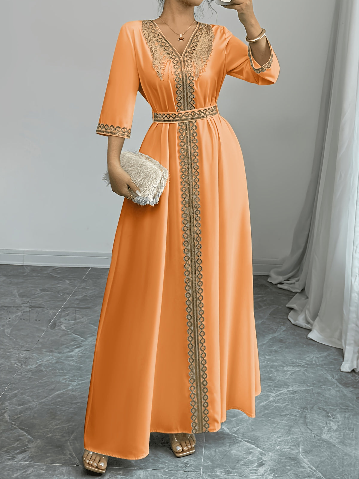 2026 New Abaya Robe Style Kimono Sleeve Long Dress V-Neck Caftan Robe Wrap Style Front Panel High Waist Empire Line Floor Length Dress Golden Lace Trim Sequined Embroidery Golden Bead Trim Golden Contrast Ruffle Tie Waist Skirt Muslim Fashion Arabic - Orange