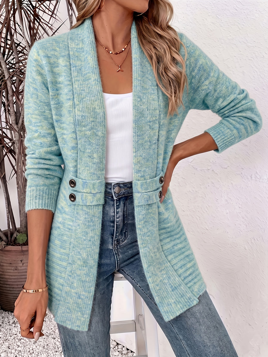 Beautiful Women's Spring/autumn Casual Double-breasted Decorative Belt Cardigan, Shawl and Cinched-waist Design, Versatile Mid-length Open-front Sweater in a Relaxed Style, Elegant and Fashionable Loose Outerwear, Perfect for Daily Commutes or Casual - Blue Green Yellow