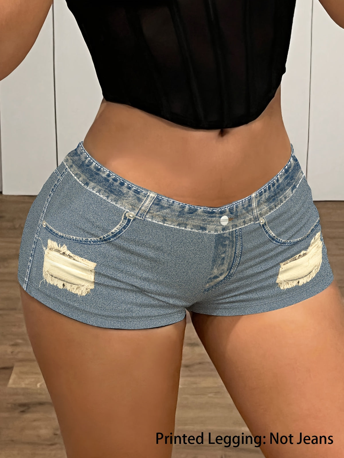 [Printed Pants - Not Denim Fabric]Printed Leggings - Not Made of Faux Denim Fabric. Summer Women'S Trendy Ultra-Short Pants with a Faux Denim Print, Featuring Distressed Elements And Elastic Material for a Comfortable Fit. A Must-Have for Summer Out - Bright Steel Blue