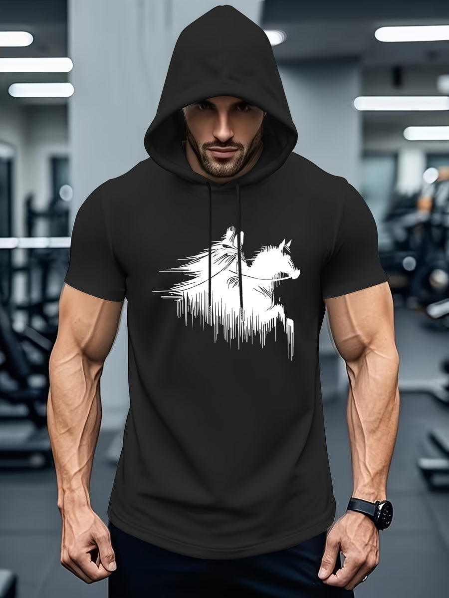 Knight Silhouette Print Men'S Short Sleeve Hoodie, Powerful Line Art Style, Black Background with Knight And Galloping Horse Silhouettes, Equestrian Enthusiasts, Daily Commute Multi-Scene Versatile Individual Top - Black