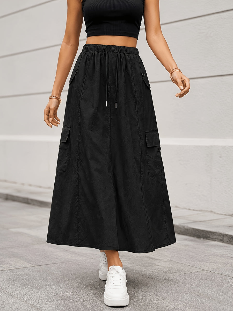 Summer Cargo Half Skirt Women'S Elastic Waist Loose Casual Multi-Pocket Versatile Women'S Long Skirt Quick-Dry Machine Washable A-Line Skirt - Black