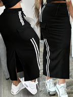 Casual Side-Panel Double-Bar Back-Slit Half Skirt - Black