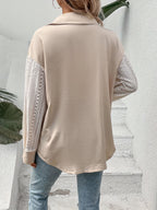 Elegant Semi-Sheer Lace Panel Blouse - Short Sleeve Collar Shirt Jacket-like Button Front, Black & White Two-Tone Pocket Design, Machine Washable Spring Summer Casual & Dressy Outerwear (No) - Mixed colors