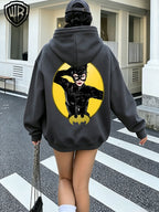 2026 Women's Hoodie DC Batman Catwoman Character Bat Logo Print Zip-Up Open Front Hooded Top Trendy Women's Jacket - Grey