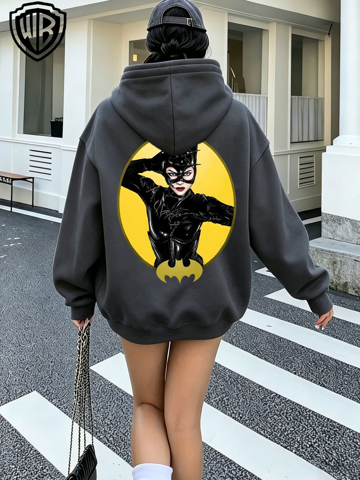 2026 Women's Hoodie DC Batman Catwoman Character Bat Logo Print Zip-Up Open Front Hooded Top Trendy Women's Jacket - Grey