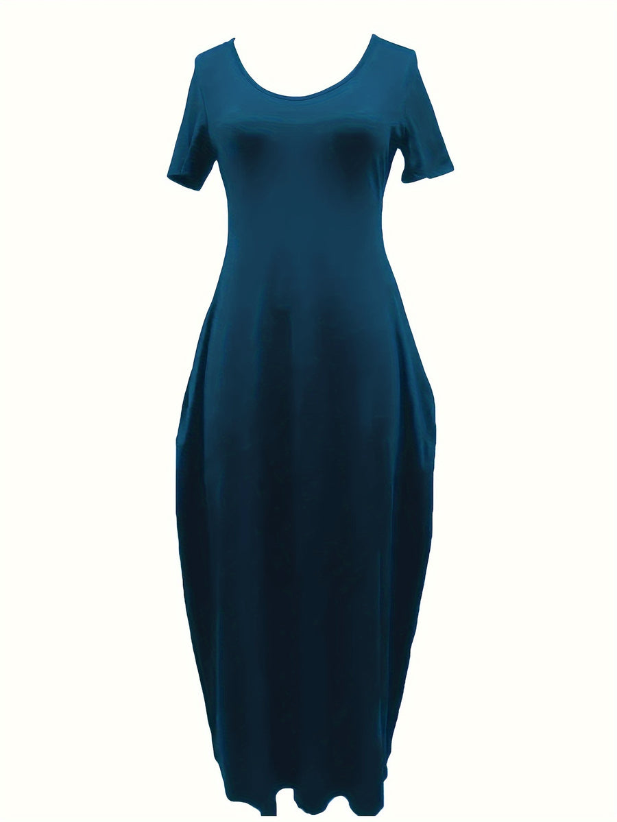 Sapu Directional Fake European And American Cross-Border Spring And Summer New Women'S Clothing Solid Color Short-Sleeved Women'S Summer Dress V-Neck Pocket Long Dress - Peacock Blue
