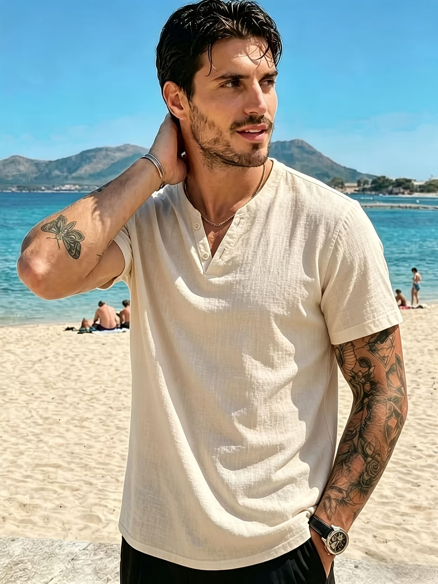 Men'S Summer Solid Short Sleeve T-Shirt, Button-Up V-Neck Casual Top, Soft And Comfortable Linen Fabric, Suitable for Daily Home And Outdoor Wear - Khaki