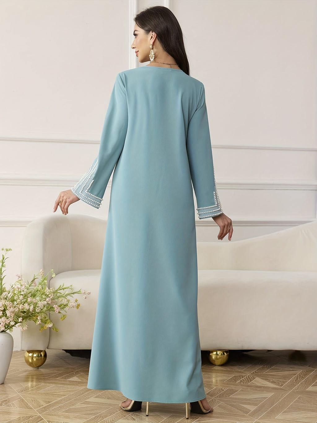 Najma Ladies' Loose Embroidered & Studded Long Robe for Festivals, Modest KaftanLadies' Loose Embroidered & Studded Long Robe for Festivals, Modest Kaftan - Light Blue