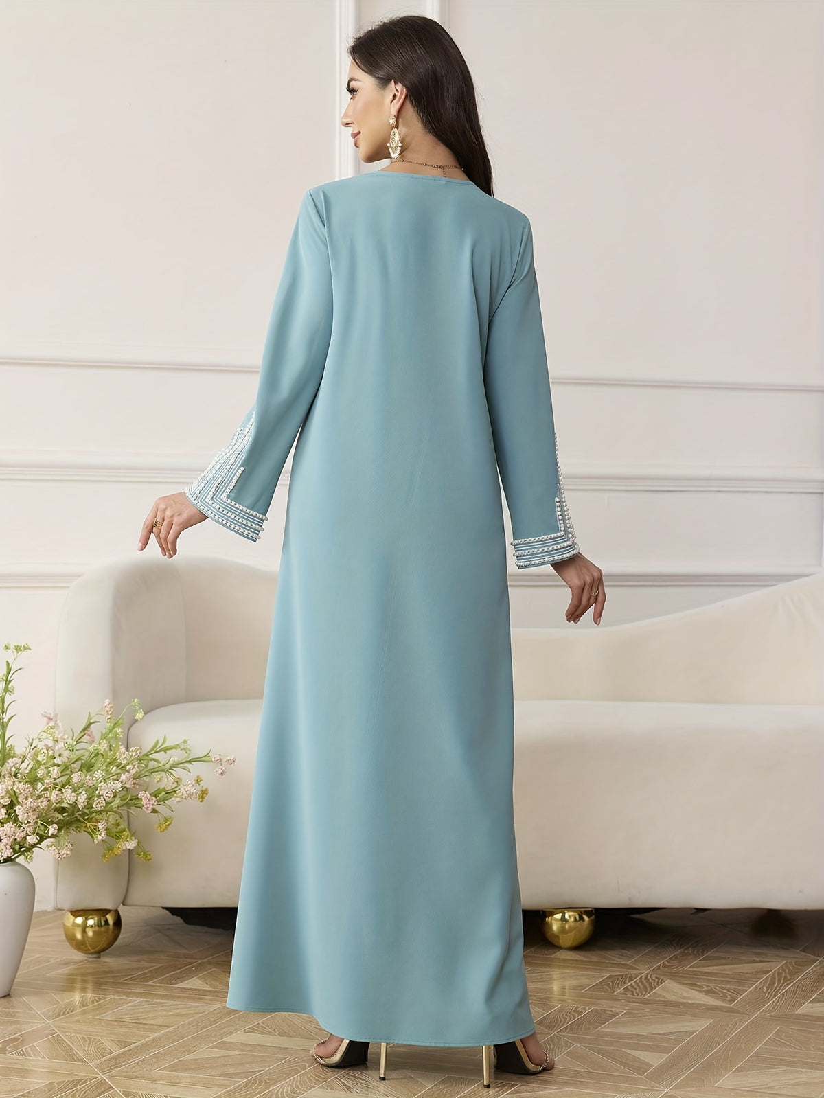 Najma Ladies' Loose Embroidered & Studded Long Robe for Festivals, Modest KaftanLadies' Loose Embroidered & Studded Long Robe for Festivals, Modest Kaftan - Light Blue