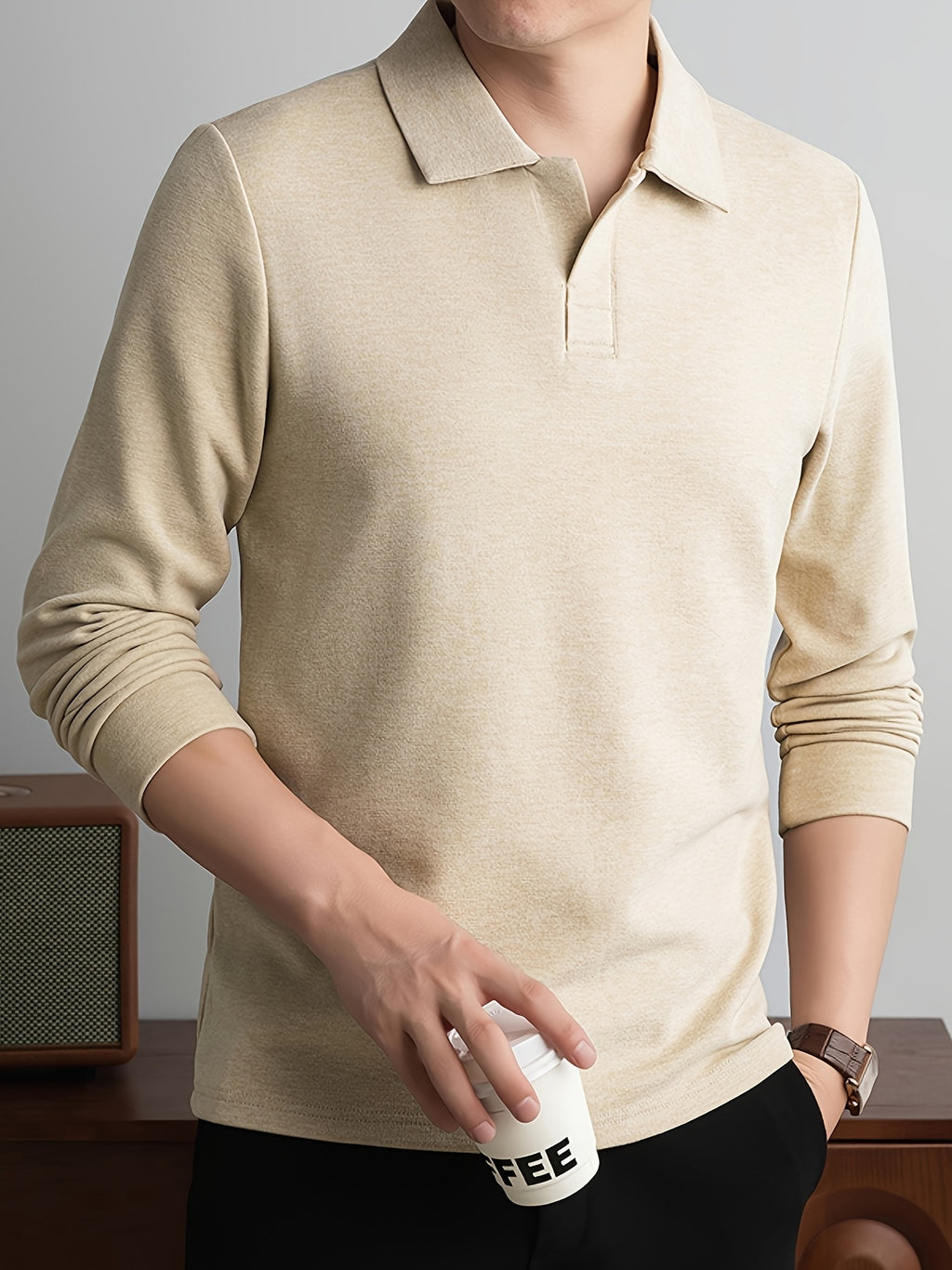 New Autumn/Winter Men's POIO Shirt, Fashionable Casual Long-Sleeve Men's Apparel - Khaki