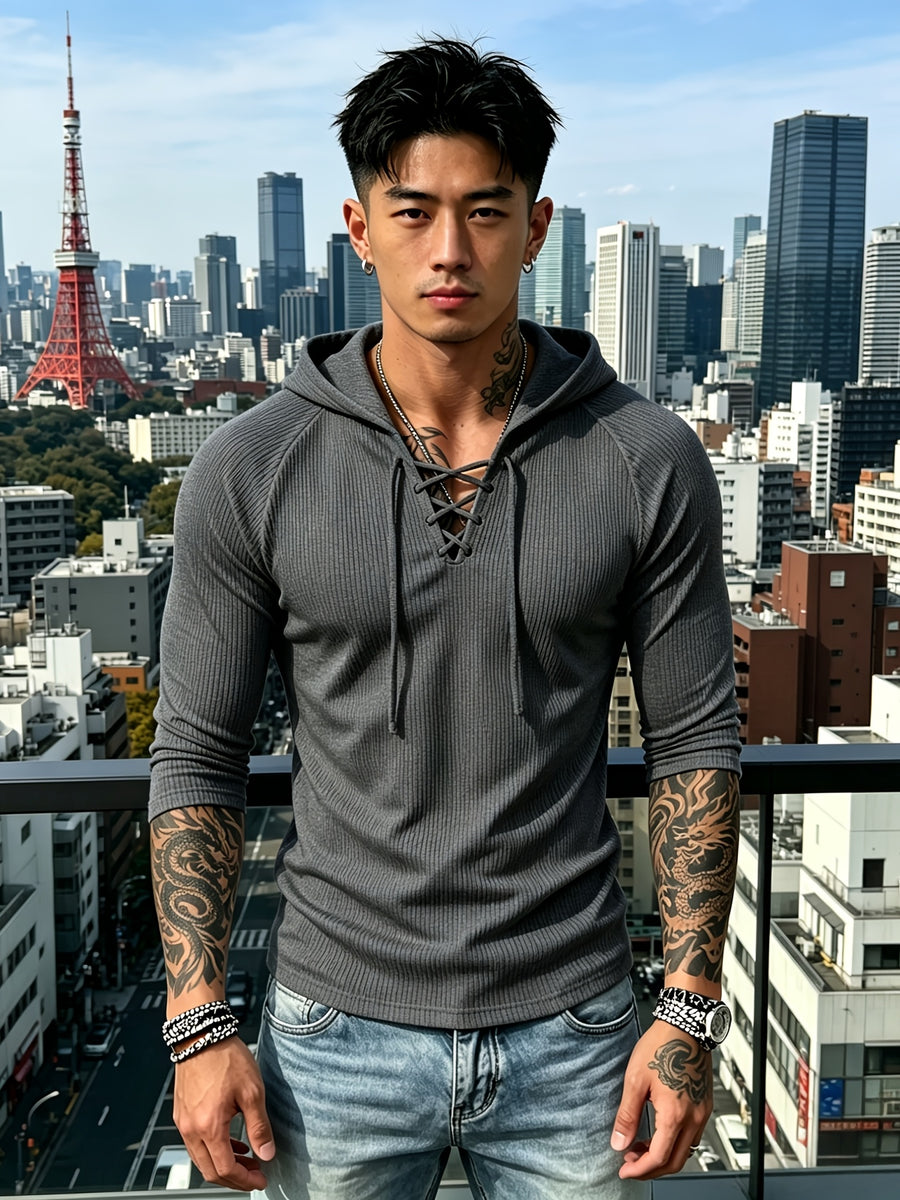 [Josh Mei OBM] Sexy Men'S Nightclub Style Deep V-Neck Lace-Up Hooded Top, Slimming And Flattering, Date Party Statement Piece, Bad Boy Style - Dark Gray
