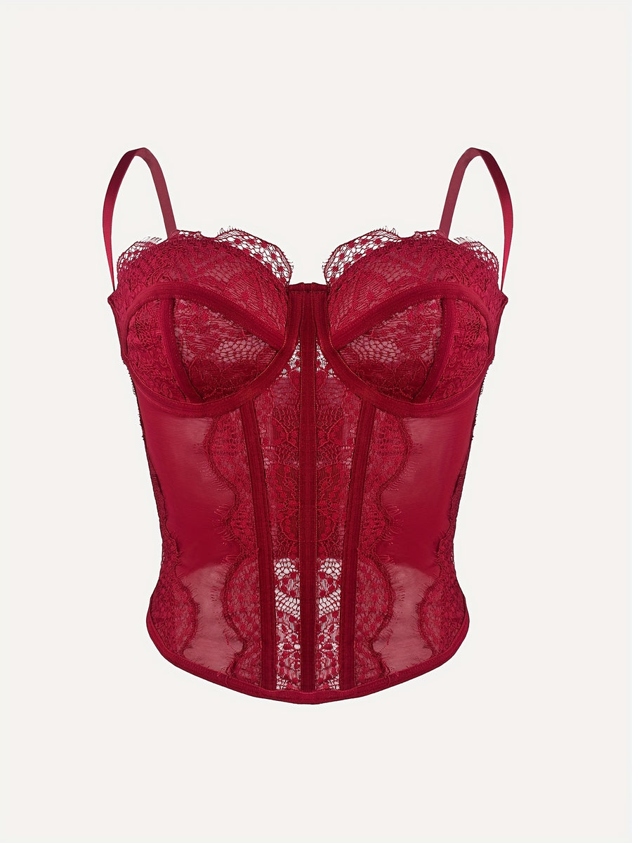 Sexy Lace Fitted Vest Top - Bodycon Cut, V-Neck, Sleeveless, Solid Color, with Exquisite Lace Detail, Suitable for Fashion Style, Lace Top - Burgundy