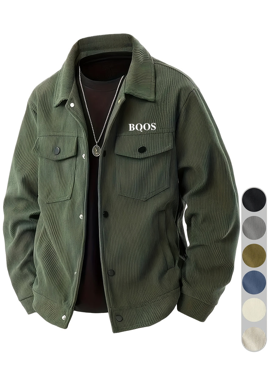 Men's American-style Corduroy Casual Jacket, Simple Casual Style, Lapel Collar, Single-Breasted with Multiple Pockets, Letter Embellishment, Comfortable Draping Fabric, Versatile Men's Apparel for Office Workers' Commuting and Outings in Spring - fern green