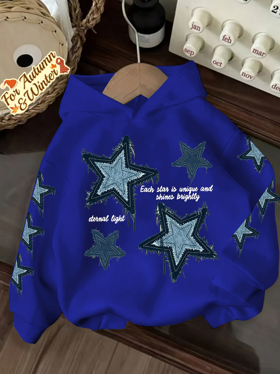 Vintage Denim Fringe Star Hooded Sweatshirt with All-Over Five-Pointed Star Print, a Versatile Casual Hoodie Top for Spring and Autumn - Blue