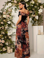 Retro Floral Off-Shoulder Women'S Dress, Artistic Patchwork And French Bare-Shoulder Style - Multicolor