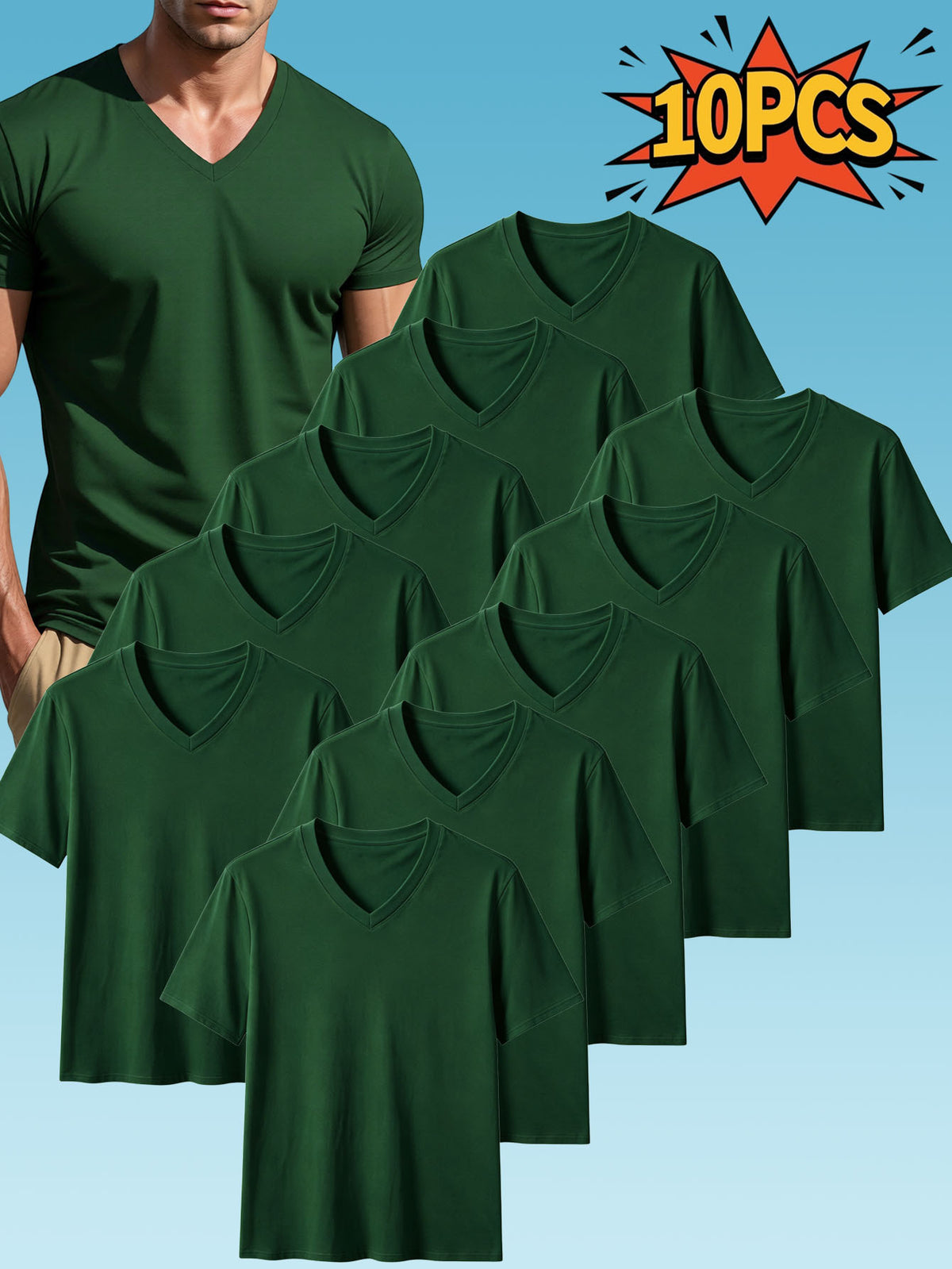 10pcs Men's Casual Knit Ribbed V-Neck T-Shirt / Soft and Comfortable Fabric / Short Sleeve / Solid Color / Crew Neck / Back-to-School Season, Casual Sporty Design Multi-pc Tops, Suitable for Summer Daily Wear - 10 pieces, dark green