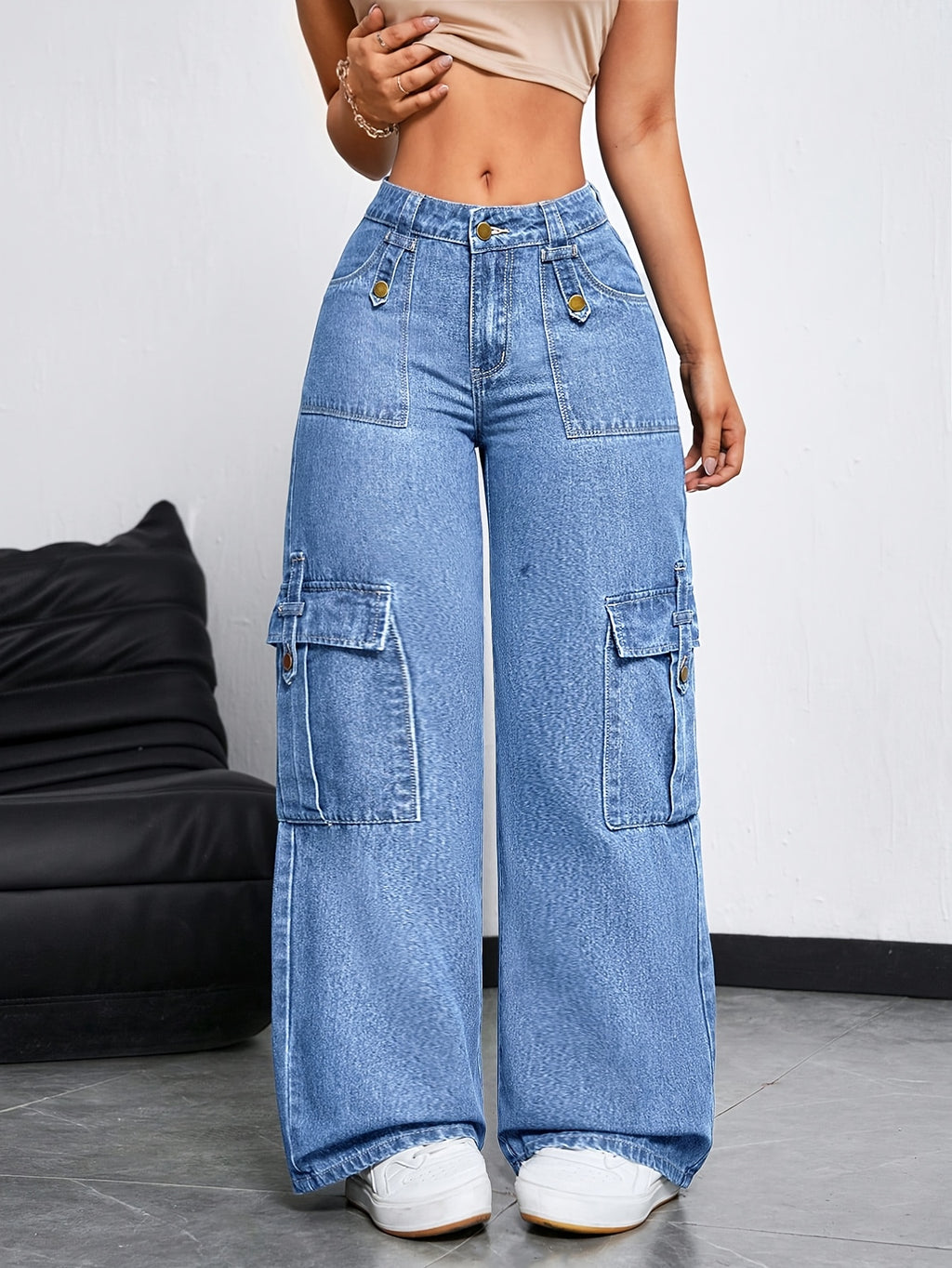 Women'S Slight Stretch Multi-Pocket Baggy Trousers, Individual Decor Natural Wash Craft Straight Wide Cargo Faux Denim, Trendy Street Styledenim - Light Blue